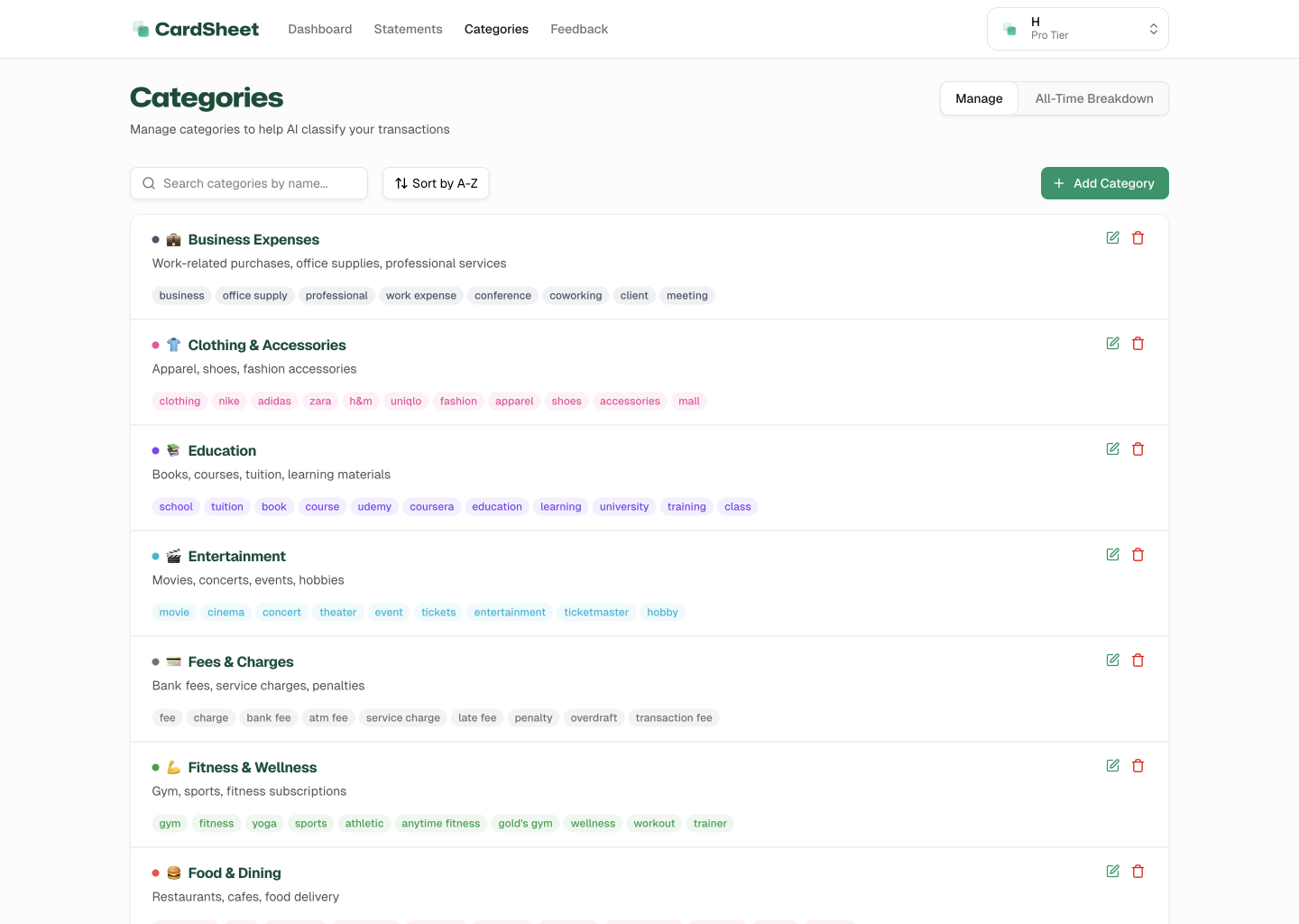 CardSheet Categories page showing customizable expense categories with keywords