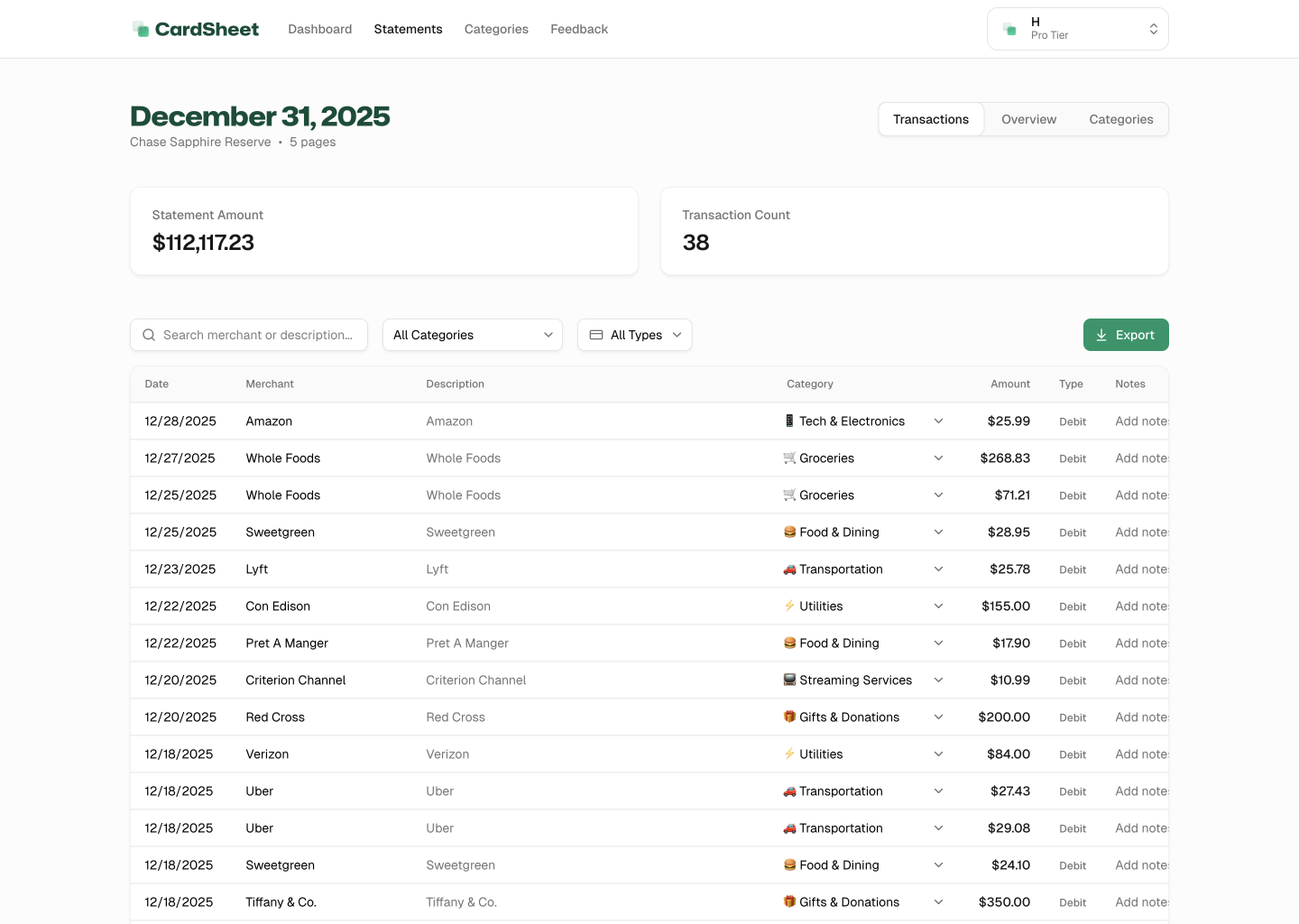 CardSheet Statement detail showing extracted transactions with categories