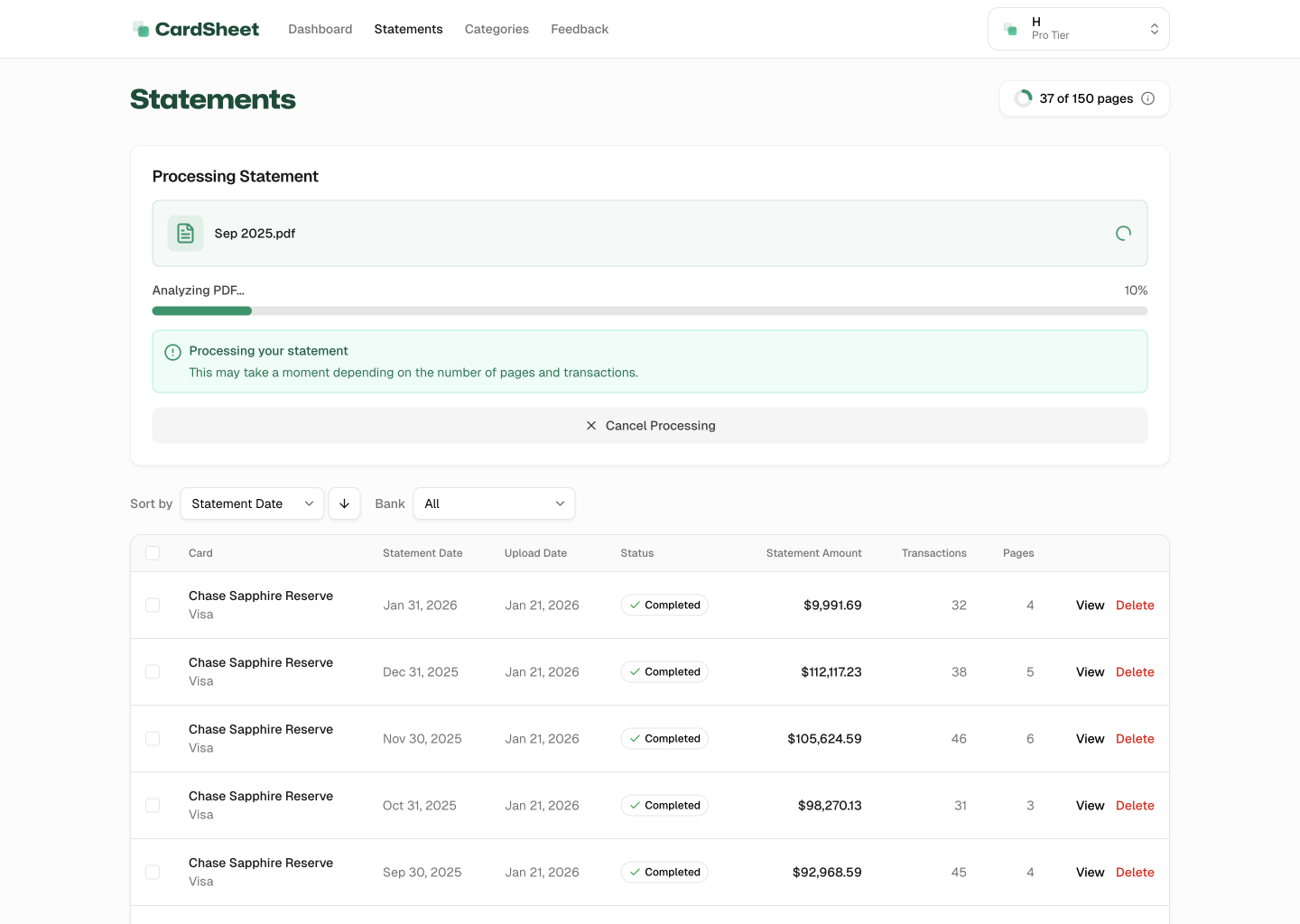 CardSheet Statements page showing uploaded statements and processing status